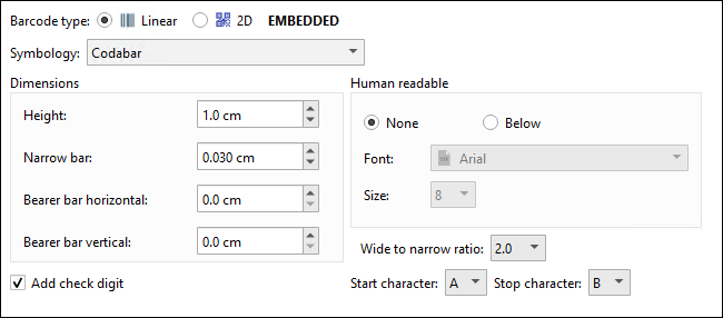 An example configuration for a Codabar barcode.